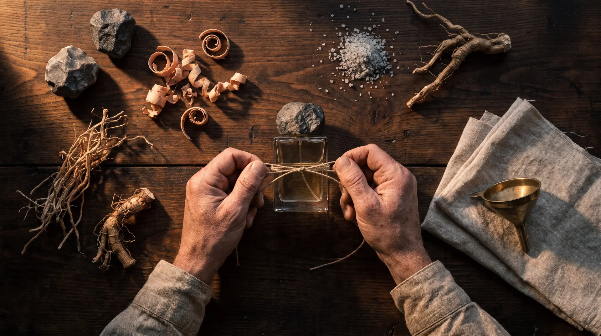 Hands tie linen cord around a Bare Flint bottle on a timber bench with cedar shavings and flint