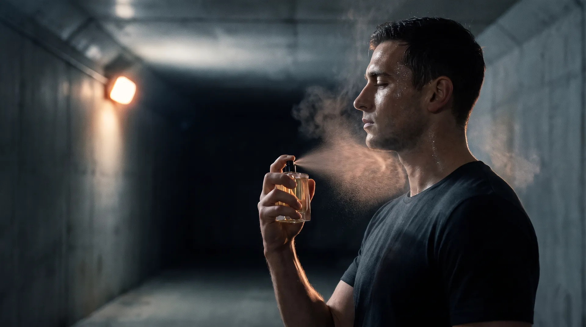 A man sprays Bare Flint on his neck after a night run