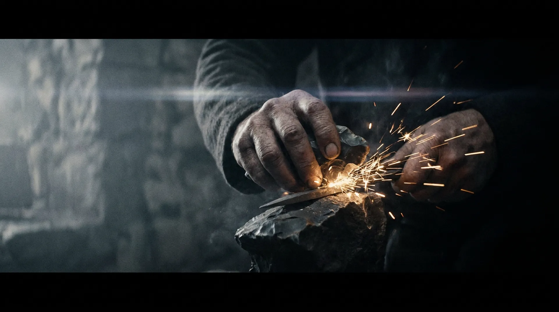 Hands striking flint against steel, sparks flying