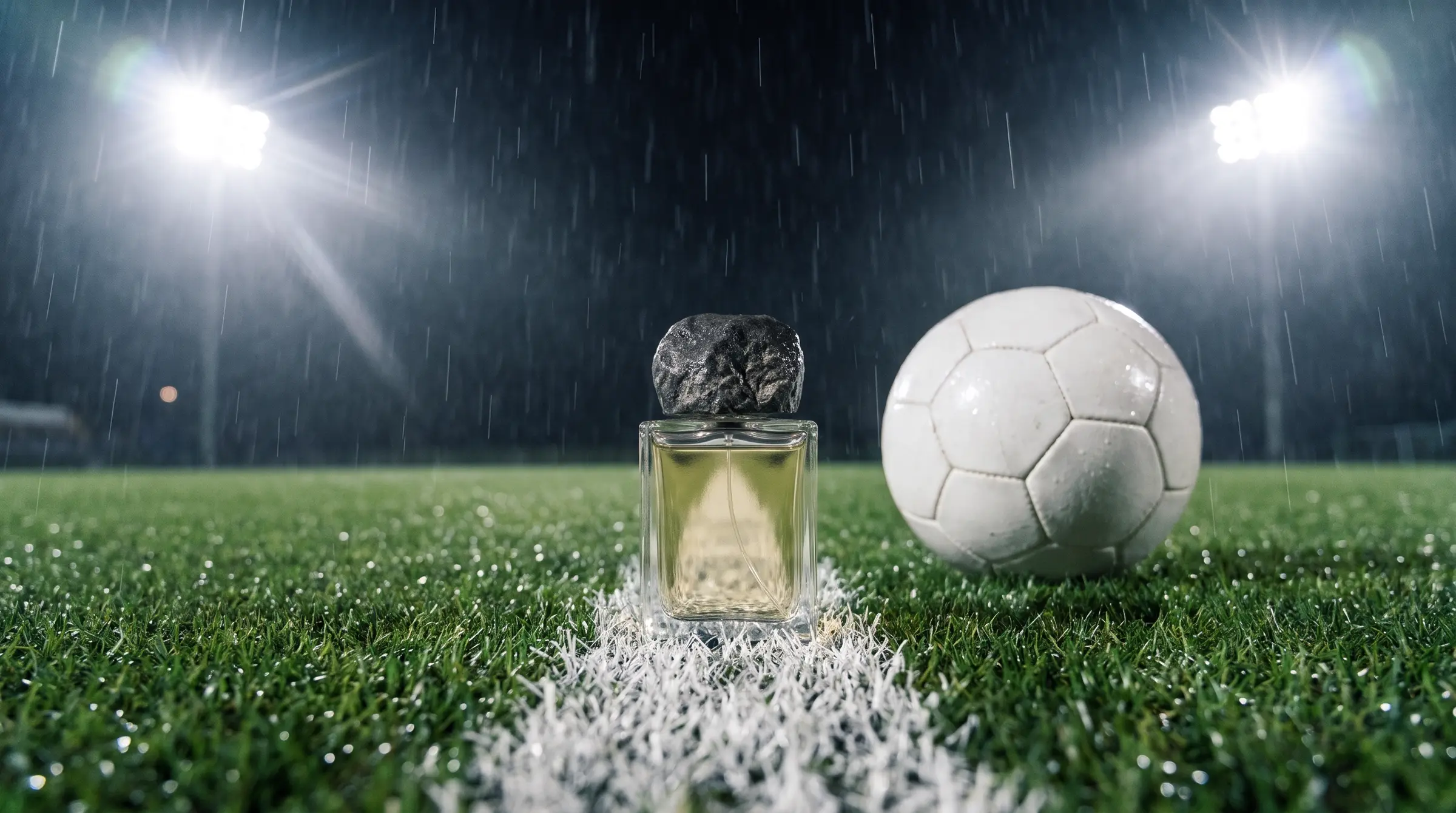Bare Flint bottle on a football pitch at night