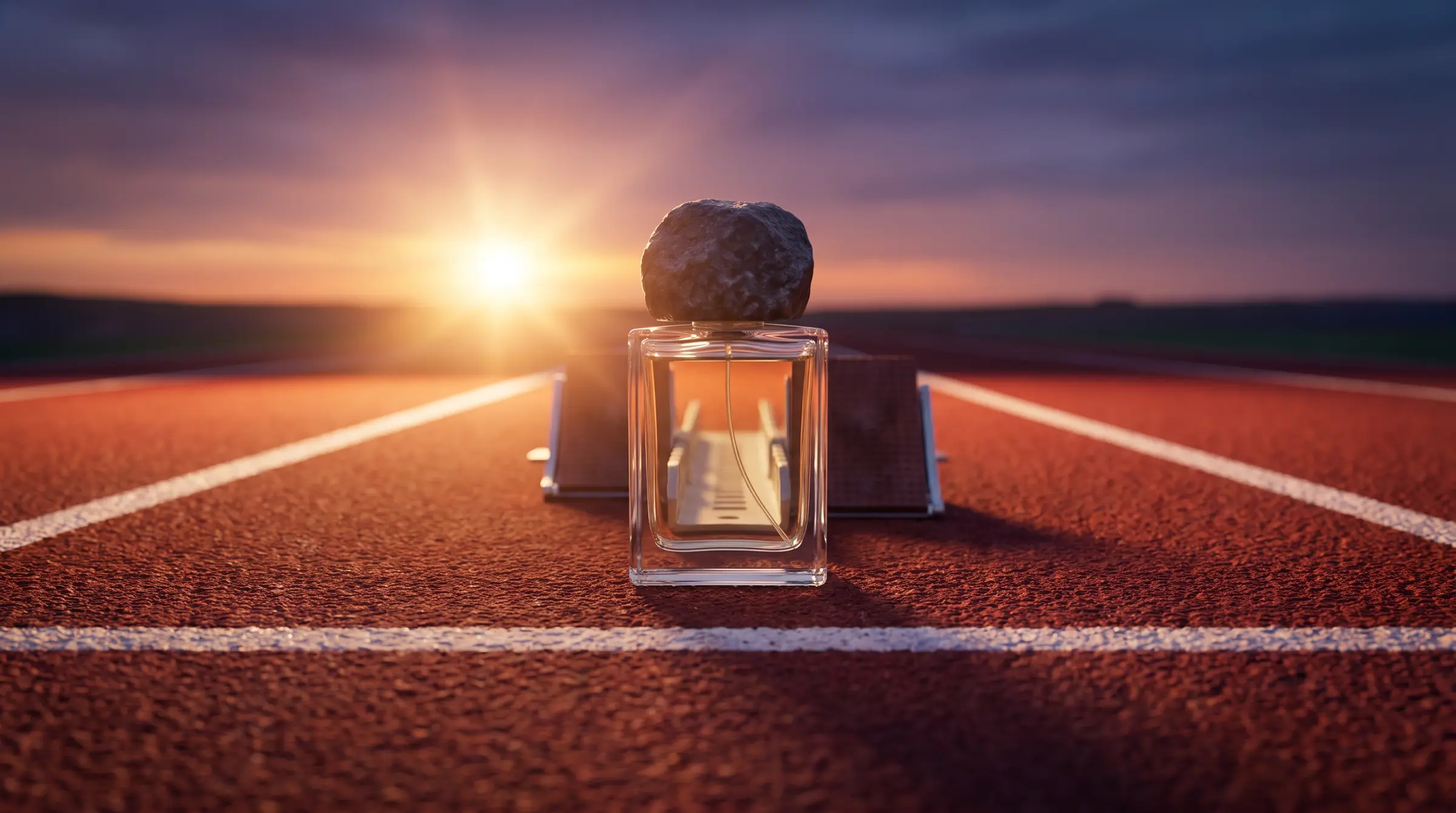 Bare Flint bottle on a running track at dusk